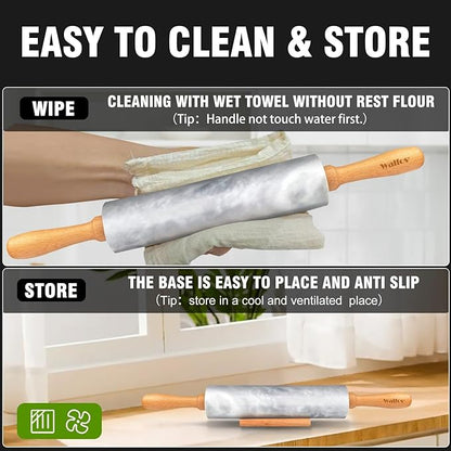 Walfos Marble Rolling Pin With Wooden Handles & Wood Cradle, 16.5 Inch Marble Rolling Pins For Making Pizza Dough And Tortillas, Dough Roller For Pie Crust, Cookie, Pasta (Gray & White) - Image 5