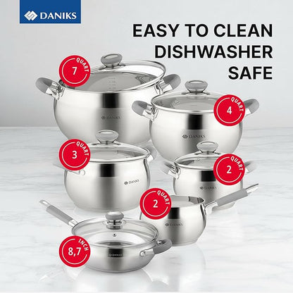 Daniks Modern 11-Piece Stainless Steel Cookware Set with Glass Lids, Includes Saucepan and Frying Pan with Lid, Tri-Ply Bases for Even Heating, Induction Compatible, Dishwasher Safe, Heatproof Handles