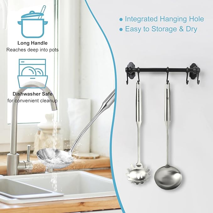 Stainless Steel Soup Ladle and Spaghetti Spoon Set - Large Ladle Spoon, Pasta Strainer, Durable Kitchen Cooking Utensils for Stirring, Serving Pasta, Soup & Sauce，Christmas Gifts - Image 3