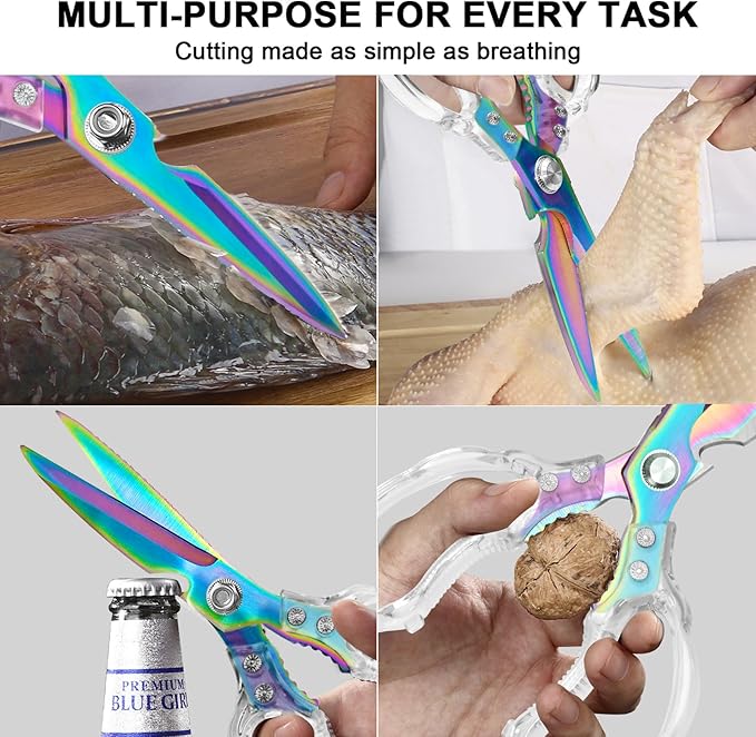 CGBE Kitchen Scissors, Multi-Purpose Kitchen Shears, Heavy Duty Food Scissors for Chicken, Poultry, Fish, Meat & Herbs with Non-Slip Grips (Transparent Colorful) - Image 5