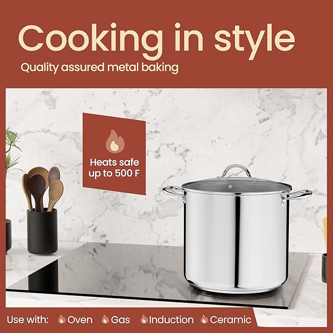 Stainless Steel Stockpot with Tempered Glass Lid 19 Quart, Durable 18/0 Stainless Steel, Impact-Bonded Base for Even Heating, Riveted Handles, Oven & All Stove Compatible, Safe Up To 500°F (260°C) - Image 3