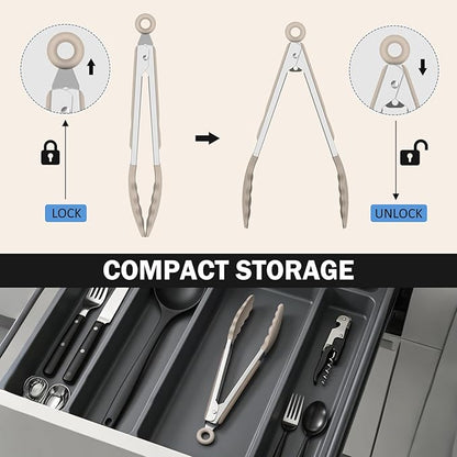 Kitchen Tongs, Stainless Steel Cooking Tongs with Silicone Tips, 600ºF High Heat-Resistant Non Scratch Locking Tongs for Cooking BBQ Grilling Air Fryer Pans, Set of 3 (7" 9" and 12") Beige - Image 7