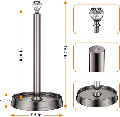 KASUNTO Paper Towel Holder with Crystal Ball - Steel Countertop Stand, Fits Standard & Jumbo Rolls, Brushed Nickel - Image 2