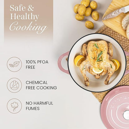 Nuovva Enamelled Cast Iron Dutch Oven Pot with Lid 6.4 Quart Non Stick Casserole Pot – Heavy Duty & Oven Safe up to 500° F for Bread Baking, Braising, Stews, Roasting – 28cm Pink - Image 4