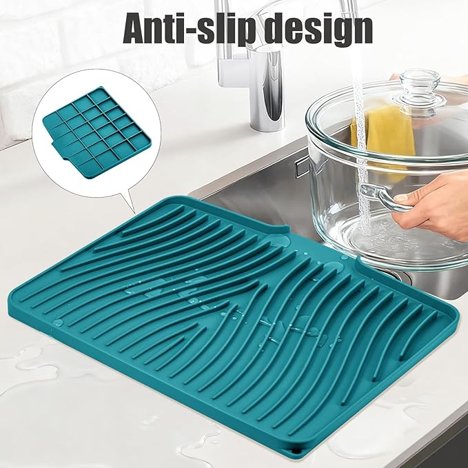 TIKNIK Silicone Dish Drying Mat, Stone Drying Mat for Kitchen Counter with Built-In Drain, Non-Slip Drain Pad with Built-in Drain, Heat Resistant Stone Drying Mat, Hangable, Green-1pcs, 16" x 12" - Image 3