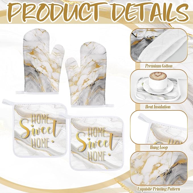 Bencailor 6 Pcs Marble Kitchen Decor Gold Pot Holders Oven Mitts 2 Dish Towels 2 Farmhouse Cooking Mittens Oven Glove and Potholder for Baking Cooking Grilling Supply Accessories(White)