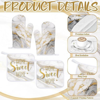 Bencailor 6 Pcs Marble Kitchen Decor Gold Pot Holders Oven Mitts 2 Dish Towels 2 Farmhouse Cooking Mittens Oven Glove and Potholder for Baking Cooking Grilling Supply Accessories(White)