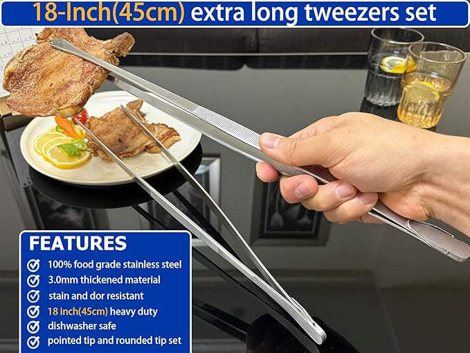 JETKONG 2 Pcs 18 Inch (45cm) Stainless Steel Grill Tongs Heavy Duty Giant Tweezer Tongs, Extra Large Tweezers Tools for Cooking, Grilling, BBQ and Turning Food (Silver) - Image 3