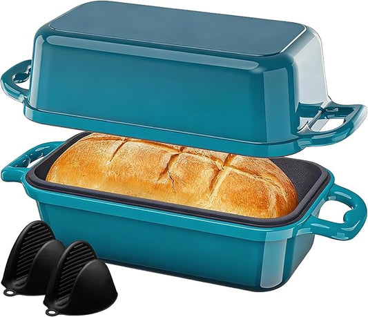 Enameled Cast Iron Sourdough Bread Dutch Oven, 8.5x4.5 Inch Loaf Cast Iron Bread Pan for Homemade Bread Baking, Sourdough Baking Pans, Meatloaf Pan with Lid, 2 Piece set, Emerald