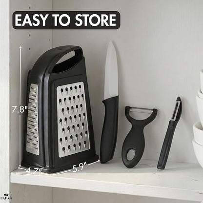 Hakan Grater, Chop and Peel Set | Handheld 3-Sided Grater with Multiple Shred Sizes, Y-Shaped Vegetable Peeler, I-Shaped Food Slicer & Spear Knife | Stainless Steel Kitchen Tools | Black, 4 Pcs