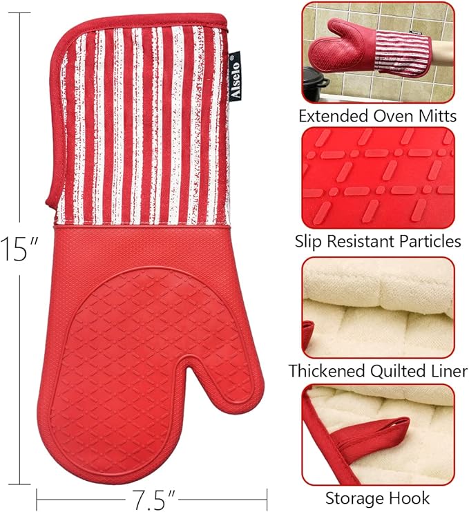 Alselo Silicone Oven Mitts Heat Resistant 932℉ with Waterproof & Non-Slip Kitchen Mittens, Set of 2 Extra Long Oven Gloves with Soft Cotton Terry Lining for Baking Cooking Barbecue (2, Red Mitts) - Image 3