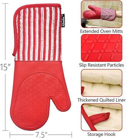 Alselo Silicone Oven Mitts Heat Resistant 932℉ with Waterproof & Non-Slip Kitchen Mittens, Set of 2 Extra Long Oven Gloves with Soft Cotton Terry Lining for Baking Cooking Barbecue (2, Red Mitts) - Image 3