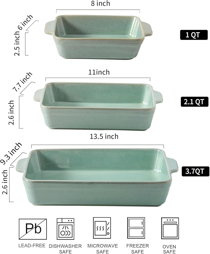HVH 9x13 Baking Dish Set, Large Casserole Dishes for Oven, Ceramic Bakeware Set of 3, Rectangular Lasagne Pan Deep for Baking (Turquoise) - Image 4