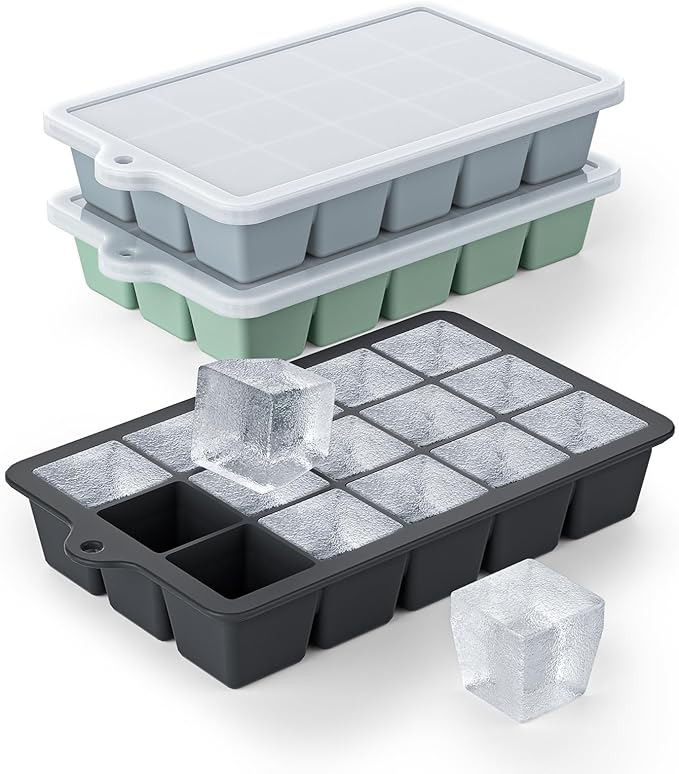Silicone Ice Cube Tray 3 Pack - EASY RELEASE ice cube tray with lid, BPA Free Ice Cubes Trays for Freezer,ice cube mold for Cocktail,Whiskey (Black+Grey+Mint) by Vethwal