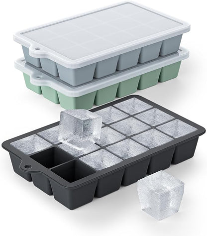 Silicone Ice Cube Tray 3 Pack - EASY RELEASE ice cube tray with lid, BPA Free Ice Cubes Trays for Freezer,ice cube mold for Cocktail,Whiskey (Black+Grey+Mint) by Vethwal