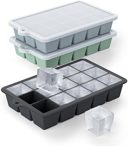 Silicone Ice Cube Tray 3 Pack - EASY RELEASE ice cube tray with lid, BPA Free Ice Cubes Trays for Freezer,ice cube mold for Cocktail,Whiskey (Black+Grey+Mint) by Vethwal