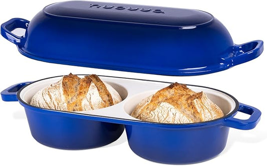 Dutch Oven For Sourdough Bread Baking – Enamelled Cast Iron Bread Loaf Pot – 500°F Oven Safe Non Stick Bread Pot – Double Round Loaf Space, 16.5cm Diameter, Dark Blue, – by Nuovva by Nuovva