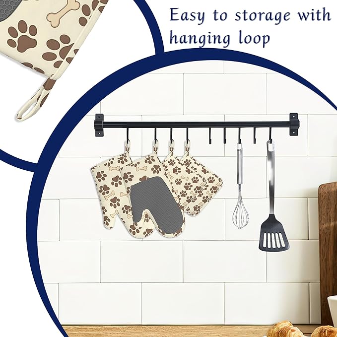 Dog Bone Paw Print Pot Holders and Oven Mitts Set Silicone Cute Animal Paws Kitchen Gloves Potholders Heat Resistant Washable,Chef Cooking Baking Gifts for Women Men Bakers Lover Cooks