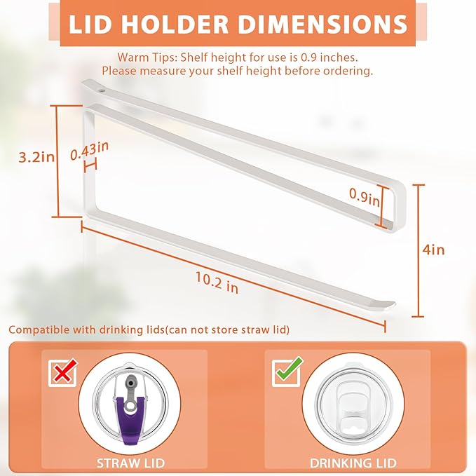 Tumbler Lid Organizer, Horizontal Tumbler Lid Storage Hook Up to 10 Lids, Space Saving Cup Lid Holders Under Cabinet Tumbler Lid Hook for Kitchen Organizer and Storage, Paper Towel Rack Hanger (White) - Image 3