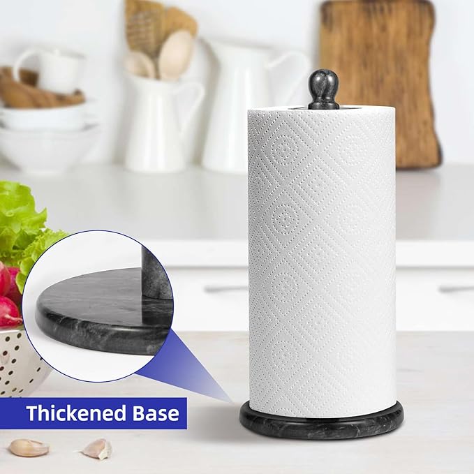 Natural Marble Paper Towel Holder for Kitchen Countertop - 2.6 lbs Heavy Duty Weighted Base for One-Handed Tearing -Fits Extra-Large & Jumbo Rolls - Elegant Modern Design with Ball Top - Black