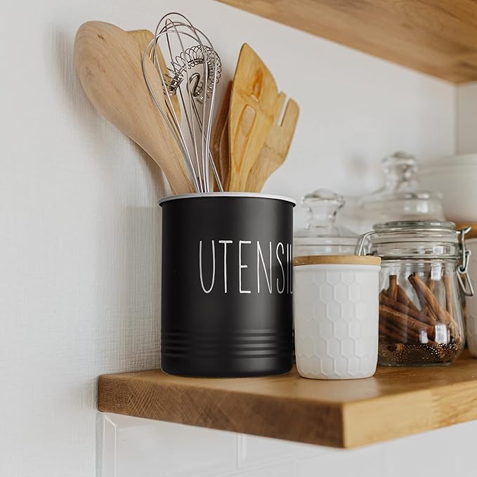 Kitchen Utensil Holder, 6.7" Utensil Holder for Kitchen Counter, Cooking Utensil Crock with Cork Bottom, Modern Farmhouse Decor, Countertop Utensil Storage Organizer Caddy, Black - Image 6