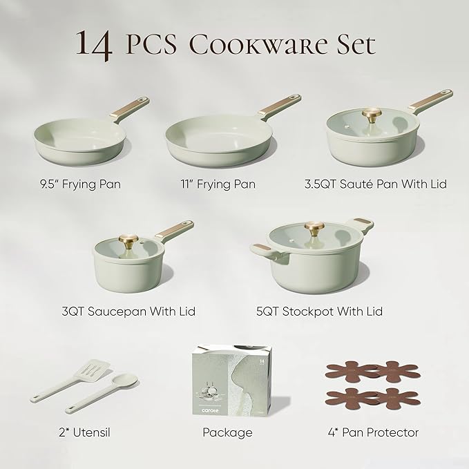 CAROTE Ceramic Cookware Set Nonstick, 14pcs Pots and Pans Set Nonstick, Non-Toxic & PFAS-Free, Dishwasher, RV/Camping Cookware Set, Cooking Pots with Lids, Sage Green - Image 2