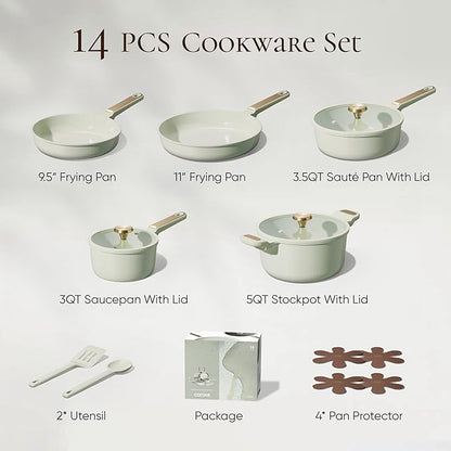 CAROTE Ceramic Cookware Set Nonstick, 14pcs Pots and Pans Set Nonstick, Non-Toxic & PFAS-Free, Dishwasher, RV/Camping Cookware Set, Cooking Pots with Lids, Sage Green - Image 2