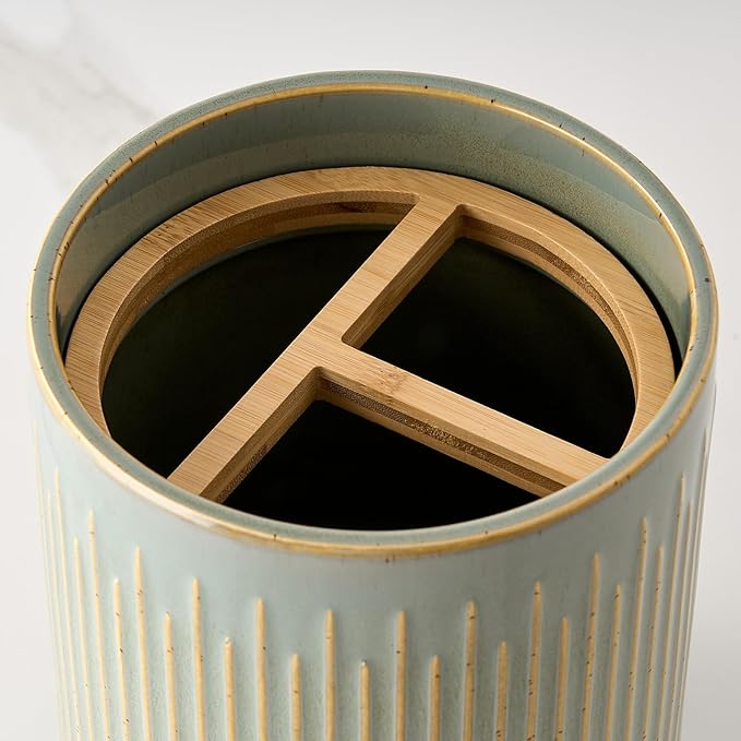 JIEMEI HOME Kitchen Utensil Holder, Ceramic Stable Utensil Crock for Countertop, 7.2" Large Utensil Organizer with Cork Mat, Removable Bamboo Divider for Kitchen Décor and Accessories, Green - Image 2