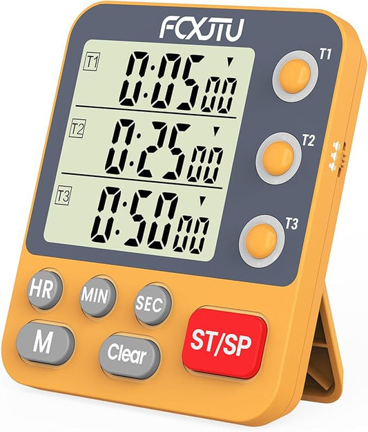 Digital Dual Triple Kitchen Timer, 3-Channel Magnetic Countdown Timer for Cooking, Large Display Stopwatch Multi Food Classroom Timer Loud Alarm for Seniors Teachers Battery Included (Orange)