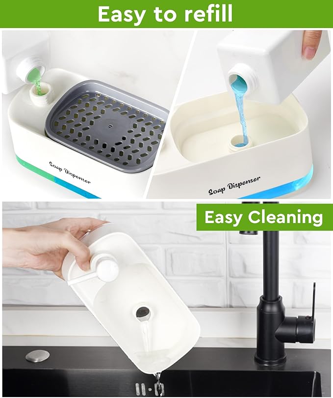 Hand and Dish Soap Dispenser Set for Kitchen, Dual Soap Dispenser with Sponge Holder, 3-in-1 Countertop Soap Pump Dispenser for Kitchen Sink, Useful Kitchen Gadgets - White - Image 4