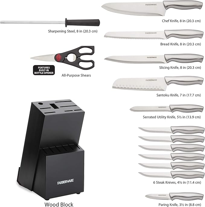 Farberware 15-Piece Stamped Stainless Steel Knife Block Set, High-Carbon Stainless Steel Kitchen Knife Set with Ergonomic Handles, Razor-Sharp Knives with Wood Block, 15-Piece, Black 2 - Image 6