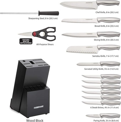 Farberware 15-Piece Stamped Stainless Steel Knife Block Set, High-Carbon Stainless Steel Kitchen Knife Set with Ergonomic Handles, Razor-Sharp Knives with Wood Block, 15-Piece, Black 2 - Image 6