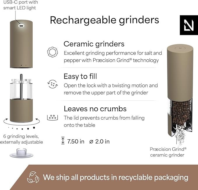 LARS NYSØM Electric Salt and Pepper Grinder Set I Automatic Salt and Pepper Mills with Adjustable Ceramic Grinder I USB Rechargeable Electric Spice Mill Set with LED Light (Taupe Brown) - Image 4