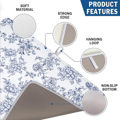 Blue Floral Dish Drying Mat for Kitchen Counter Chinoiserie Flower Microfiber Dish Drainer Mat Vintage Rustic Elegant Absorbent Washable Drying Pad Extra Large 18"x24"