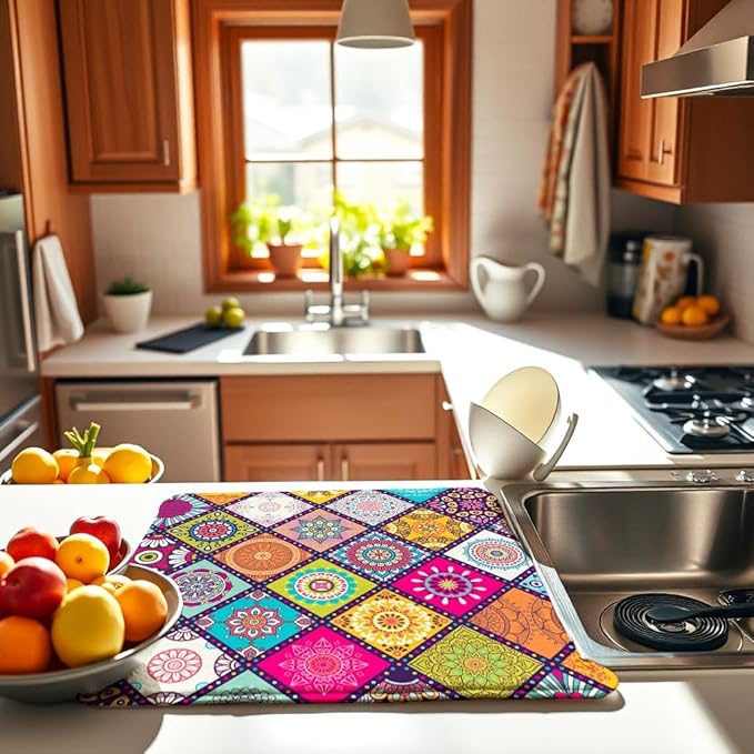 Plaid Floral Large Dish Drying Mats, Reversible Boho Dish Drying Pads for Kitchen Counter Foldable and Stored in a Drawer,18"x24" Extra Large Draining Mat Protect for Kitchen,Bar Counter,Coffee Make - Image 3