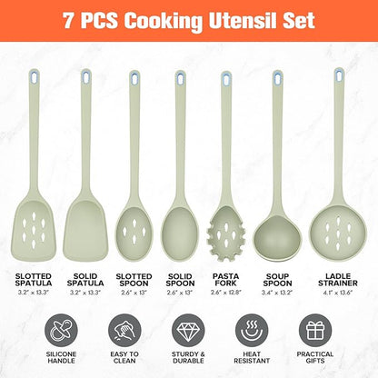 Large Silicone Utensils Set of 7 for Cooking,No Scratch for Nonstick Cookware,Pasta Server,Spaghetti Spoon,Slotted Spoon&Spatula,Solid Spoon&Spatula,Skimmer,Soup Ladle BPA Free Heat Resistant (Green) - Image 6