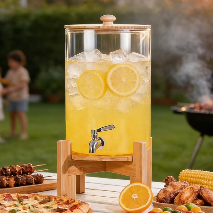 MOBYKE 2.2 Gallon Drink dispenser, Large Water Glass Beverage Dispenser With Wood Stand for Parties With Stainless Steel Spigot, Ideal for Lemonade,Juice, Tea, and Party Drinks