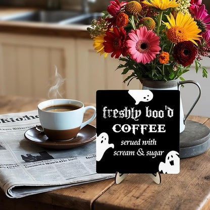 Freshly Boo'd Coffee Wood Sign, Halloween Coffee Bar Decor, Scream Sugar Spooky Season Haunted House Signs Ghosts Fall Shelf Sitter Kitchen Rustic Farmhouse Home Decor Wooden Plaque Sign - Image 5