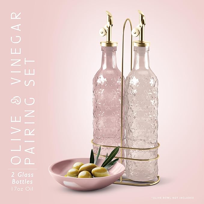 COOK WITH COLOR Glass Olive Oil Bottle Dispenser - 2 Pack- 17oz Oil and Vinegar Cruet - Olive Oil Carafe Decanter for Kitchen, Floral, Pink - Image 2