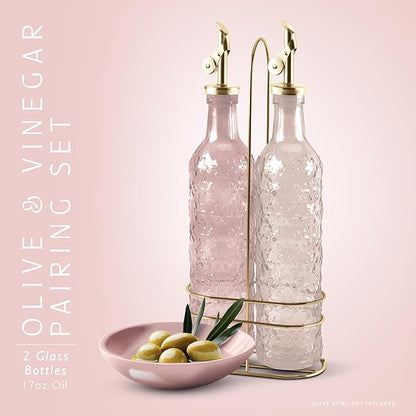 COOK WITH COLOR Glass Olive Oil Bottle Dispenser - 2 Pack- 17oz Oil and Vinegar Cruet - Olive Oil Carafe Decanter for Kitchen, Floral, Pink - Image 2
