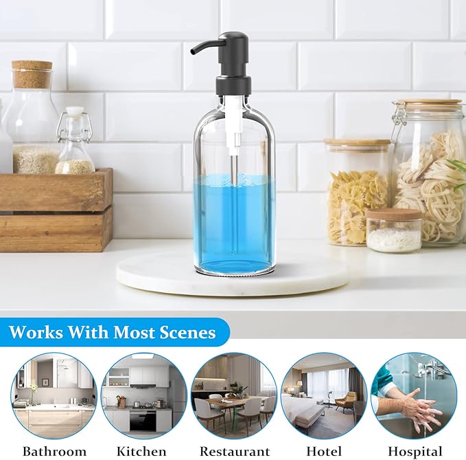 ARKTEK 2 Pack Refillable Glass Soap Dispenser - Rust Proof Stainless Steel Pump, 17 Oz/ 500 ML, Black - Image 6