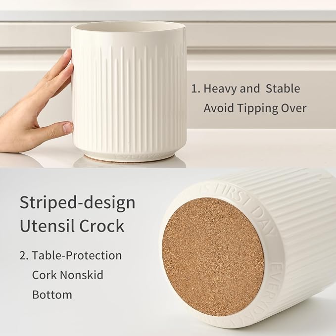 JIEMEI HOME Utensil Holder, 7.2" Large Ceramic Stable Utensil Crock for Kitchen Counter, Utensil Holder with Cork Mat, Removable Bamboo Divider for Easy, Kitchen Decor, White - Image 3