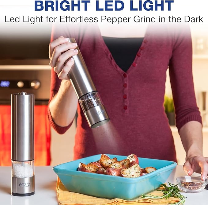 Eparé Salt or Pepper Grinder Mill Electric – Battery Operated Stainless Steel Mill with LED Light, Adjustable Ceramic Core, and One-Hand Push Button for Effortless Seasoning and Cooking - Image 6