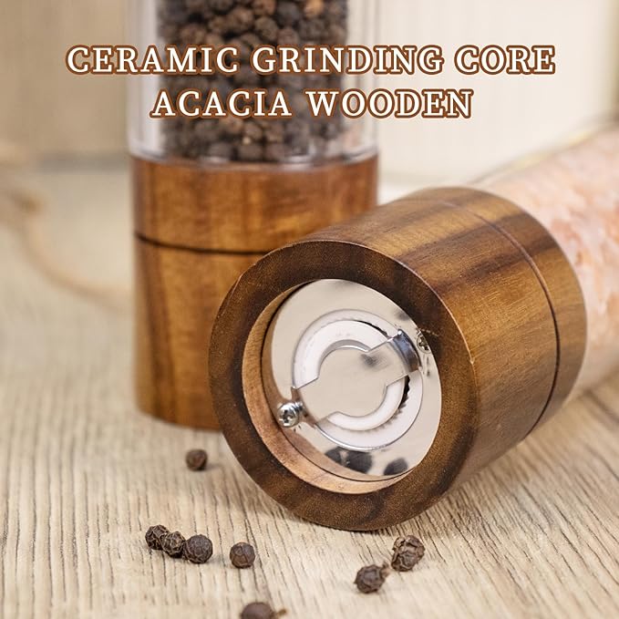 XWXO Acacia Wood Salt Grinder and Pepper Grinder Set Premium Acrylic Salt and Pepper Mill Set, Manual Salt and Pepper Mills- Wooden Shakers with Adjustable Ceramic Core 8 Inches 2 Pack - Image 7