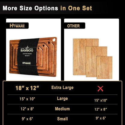 Hiware 4 Pieces Extra Large Wooden Cutting Boards Set- Bamboo Cutting Boards for Kitchen Meal Prep & Serving, Cutting Board with Deep Juice Groove & Built-in Handles, Charcuterie & Chopping Board - Image 7