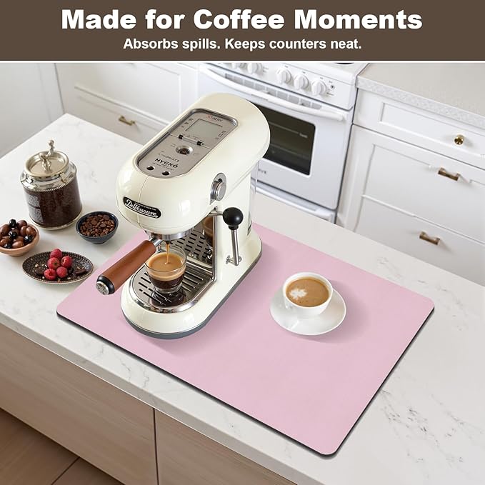 Coffee Mat,Absorbent Dish Drying Mat for Kitchen Counter,Coffee Bar Mat,Non-Slip Rubber Backed,Hide Stains & Quick Dry,for Espresso Machine,Coffee Station,Cups & Sink,12" x 20"(Pink)