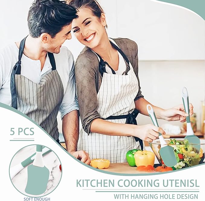 Silicone Kitchen Cooking Utensils Set Heat Resistant, 5 Pcs Silicone Spatula Set for Baking Cooking Mixing, Silicone Cooking Utensils Set for Nonstick Cookware, Dishwasher Safe (Green), Medium - Image 4