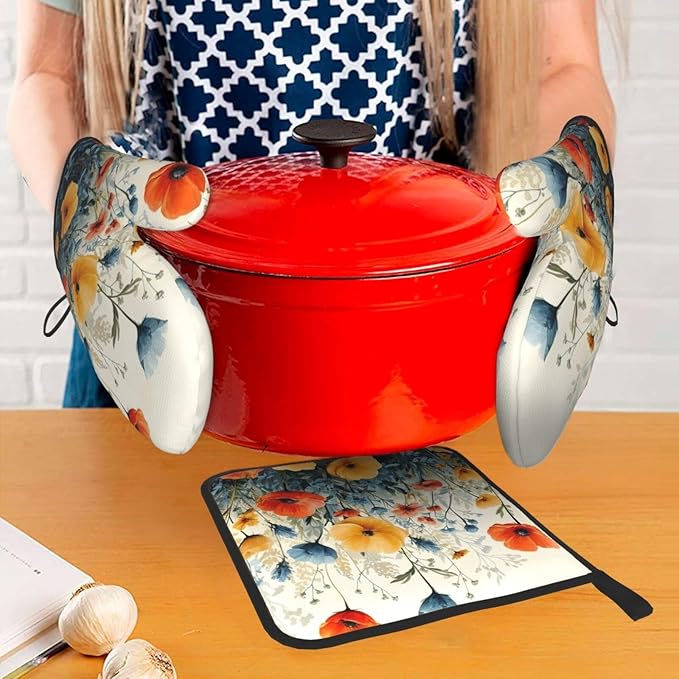 Colorful Wildflower Oven Mitts and Pot Holders Set of 3,Heat Resistant Non Slip Blue and Orange Floral Kitchen Gloves Hot Pads for BBQ Grilling,Chef Cooking Baking Gifts for Women Bakers
