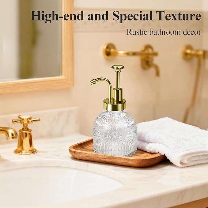 SheeChung Vintage Soap Dispenser, Kitchen Dish Soap Dispensers with Pump Mat, Glass Hand Soap Dispenser for Bathroom, Liquid, Lotion, Refillable, Rustic Farmhouse Decor-Clear (Gold Pump, 2 pk)
