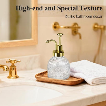 SheeChung Vintage Soap Dispenser, Kitchen Dish Soap Dispensers with Pump Mat, Glass Hand Soap Dispenser for Bathroom, Liquid, Lotion, Refillable, Rustic Farmhouse Decor-Clear (Gold Pump, 2 pk)